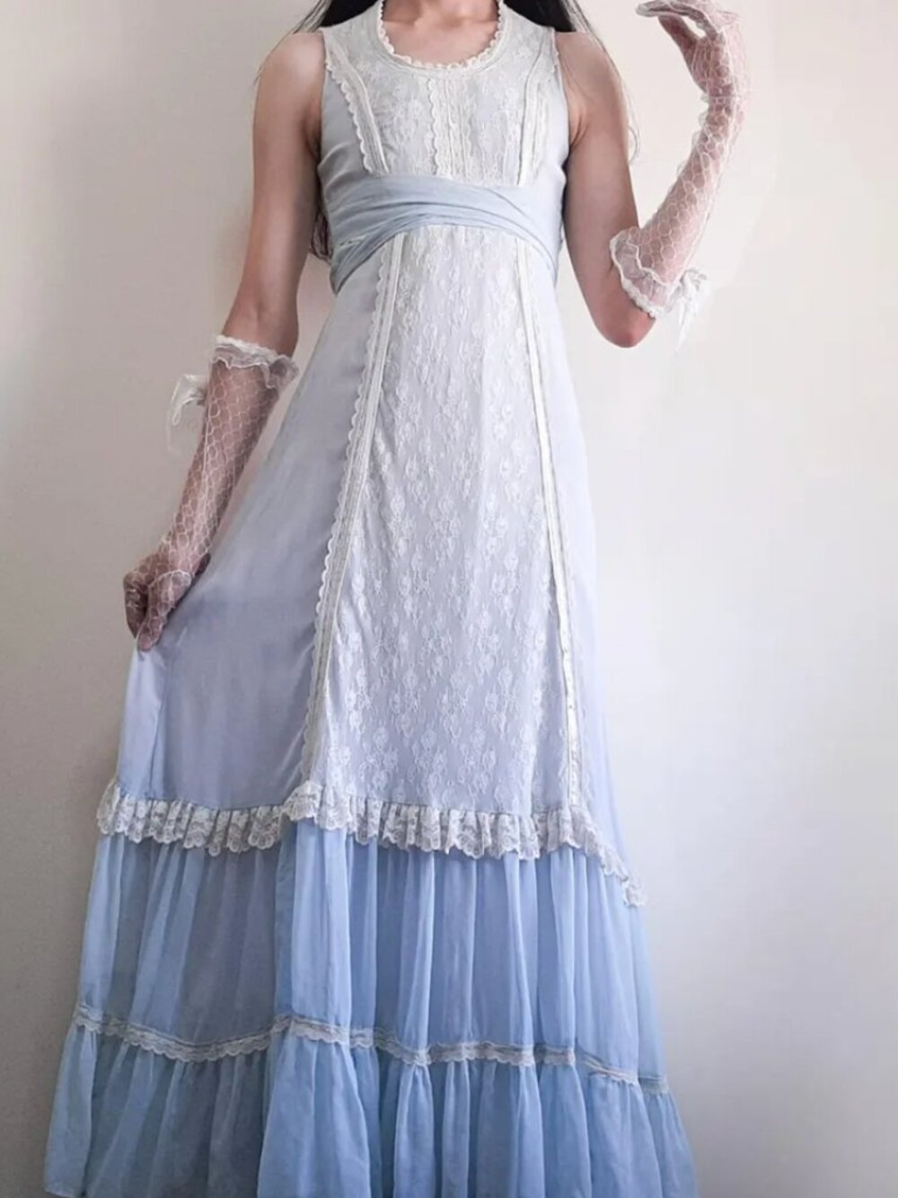 GUNNE SAX by Jessica 70s Vintage Baby Blue Lace Maxi Dress